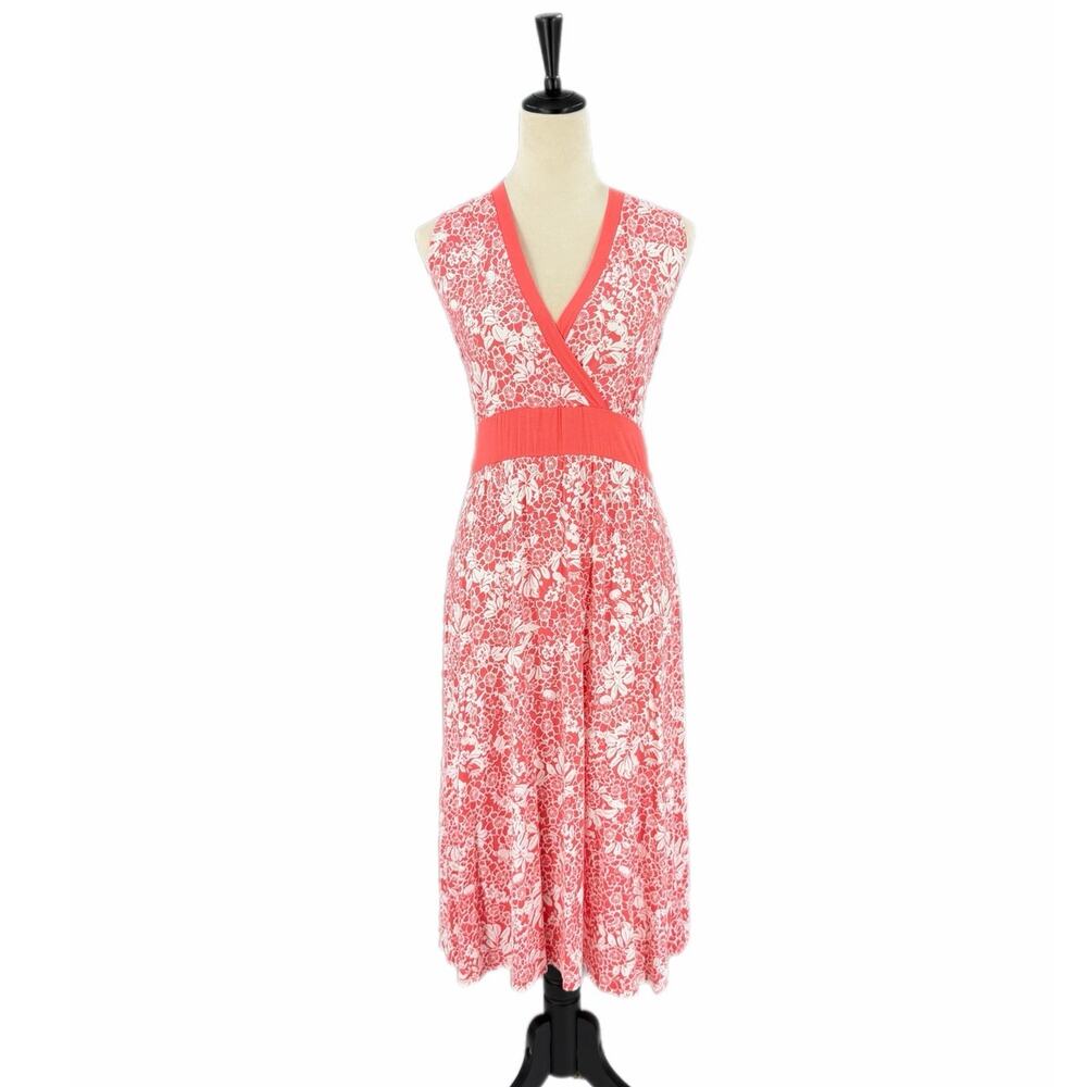 L.L. Bean Coral White Floral Summer Vacation Travel Jersey Casual Midi Dress